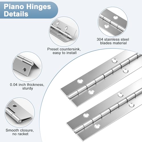 2Pcs Piano Hinge, 12 Inch Stainless Steel Hinges with Holes and 24 Pieces Stainless Steel Screws, Piano Heavy Duty Hinges, Suitable for Cabinets, DIY Storage Boxes, and Marine Scenarios