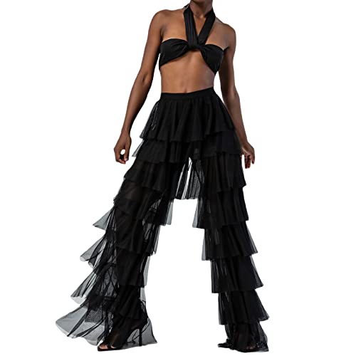 Women Layered Ruffle Tulle Pants High Waist Wide Leg Long Trousers Sheer Mesh Tiered Party Pants2