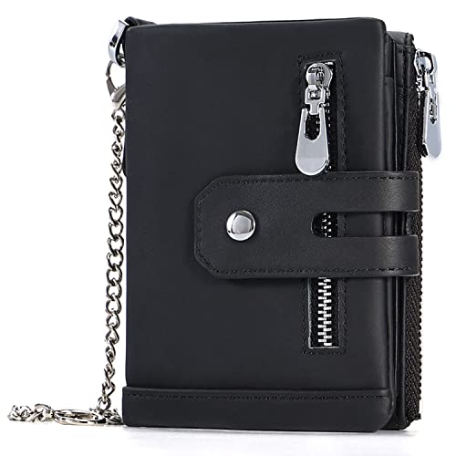 Mens Wallets with Chain, Chain Wallet for Men, Genuine Leather Purse RFID Blocking Zipper Bi-fold Wallet with Double Coin Pocket and ID Window, Black