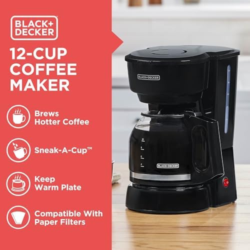 BLACK+DECKER 12-Cup Coffee Maker with Easy On/Off Switch, Easy Pour, Non-Drip Carafe with Removable Filter Basket, Vortex Technology, Black - 1
