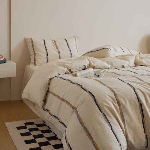 Image of VM VOUGEMARKET King Duvet Cover Set Jacquard Black Orange Stripes Duvet Cover with 2 Pillowcases Yarn-Dyed Linen Cotton Minimalist Bedding Set,104 inchx90 inch