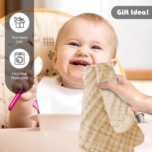 Ease Cubs 12 Pack Muslin Washcloths for Baby - 100% Cotton Baby Wash Cloths for or Baby Face Body Comfy and Soft for Newborn Infants Kids Girls and Boys - 12"x12" - Brown