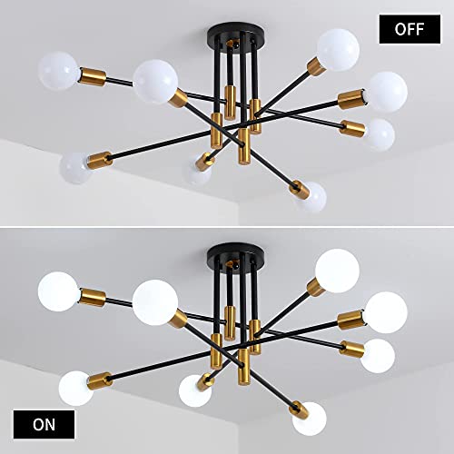 Mid Century Modern Sputnik Chandelier Light Fixture, Semi Flush Mount Ceiling Light Adjustable Arm Pendant Lighting Used For Kitchen Dining Room Bedroom Living Room Corridor (Black+Gold-8 Lights) #TOP6