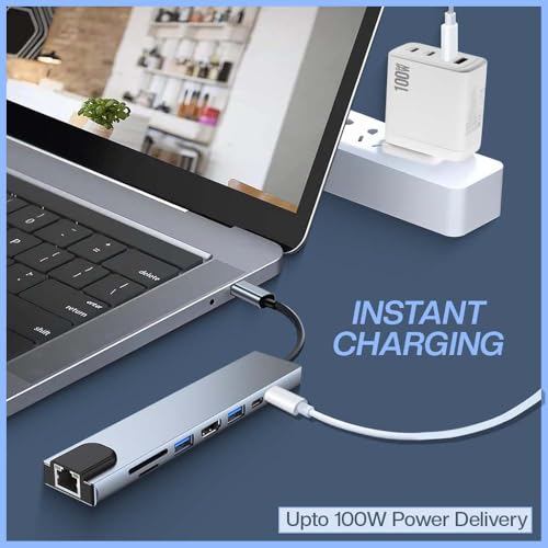 Image of UNIGEN 8 in 1 USB Type-C HUB Adapter with 4K HDMI, 100W PD, USB C Port, USB 3.0, RJ45 Ethernet, SD /TF Card Reader, Docking Station Compatible with MacBook Pro /Air Laptops and Other Devices