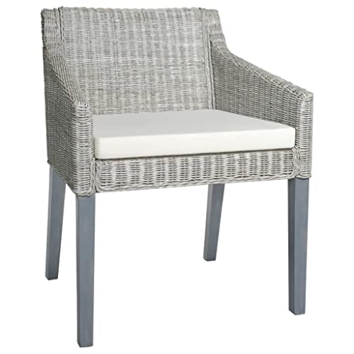 Vorpalize Silla de comedor con cojín gris ratán natural y madera maciza de mango 60 x 60 x 79 cm cojín acolchado de lino para salón comedor ideal para relajarse y leer