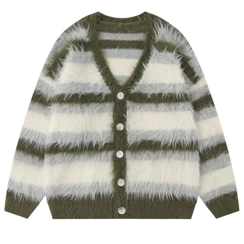 Men Striped Knit Cardigan Sweater V-Neck Loose Fit Casual Street Style Soft Brushed Outerwear2