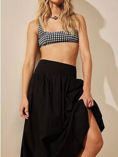 Acrawnni Women Y2k Bubble Maxi Skirt Low Elastic Waist Ruffle Pleated A-line Long Skirts Summer Beach Loose Fit Cute Puffball Balloon Skirt (A-Black, M) - Image 2
