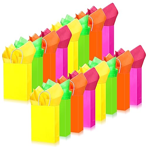 Sherr 24 Pack Neon Gift Bags with Tissue Paper 5.91 x 3.15 x 8.27 Inches Colorful Rainbow Paper Bags Set with Handles Party Favor Pouches for Birthday Wedding Valentines Day Baby Shower Easter
