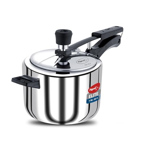 Image of Pigeon by Stovekraft Elite Shine 5L Tri-Ply Body Inner Lid Pressure Cooker Induction and Gas Stove Compatible that Distributes Heat Evenly for Uniform Cooking (Silver)