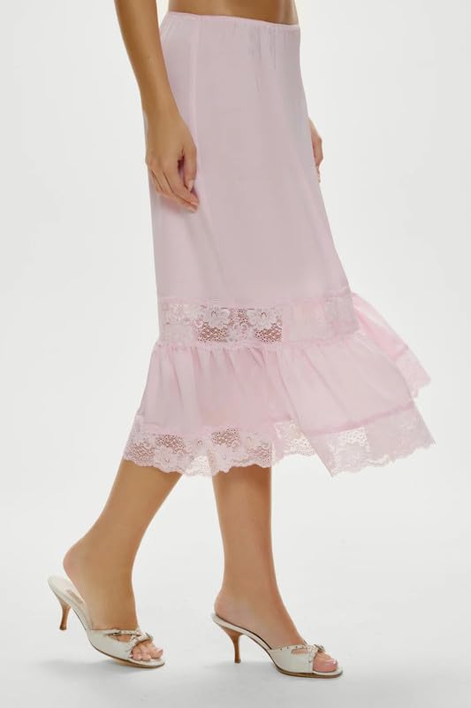 Women Silk Satin Half Slip Long Skirts Lace Patchwork Elastic Waist Long Skirt Elegant Silky Flowy A Line Midi Skirts - Image 4
