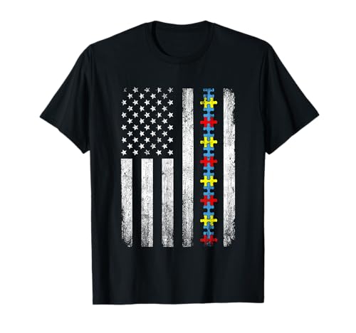 Distressed American Flag Autism Awareness Dad Mom Support T-Shirt