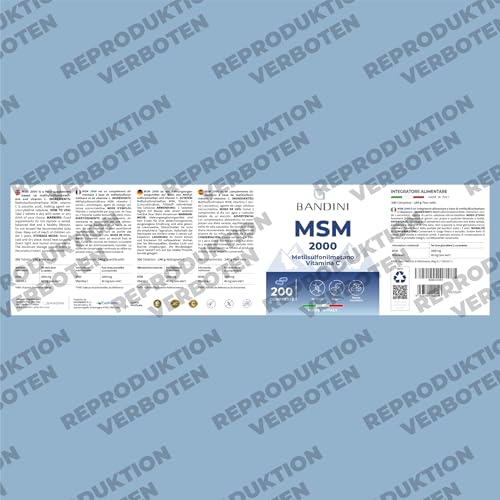 Bandini® MSM - 2000mg mit 40mg VITAMIN C pro Tagesdosis - Kompakteres Methylsulfonylmethan Pulver als bei Kapseln - Ohne Magnesiumstearat, hochdosiert, vegan, ohne Zusätze, laborgeprüft - 200 Tab