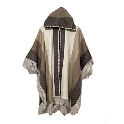 100% Handmade in Ecuador, Button-Up BABY ALPACA Wool Cape Poncho Wrap Shawl COAT with Hood (Beige Stripes)