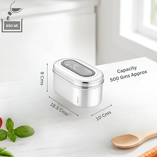 Image of Ebun Stainless Steel Top See Through Containers | Stainless Steel Container with Lid | Capsule Shape Steel Kitchen Containers Set | Steel Airtight Container | 500 Gms Capacity Approx | Pack of 3