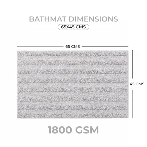 Image of Premium Combed Cotton Tufted Bathmat 45 x 65 cm, 1800 GSM Soft Absorbent Anti Skid Bathroom Floor Mat with Latex Backing, Quick Dry Non Slip Bath Rug for Shower & Daily Use, Stripes Silver