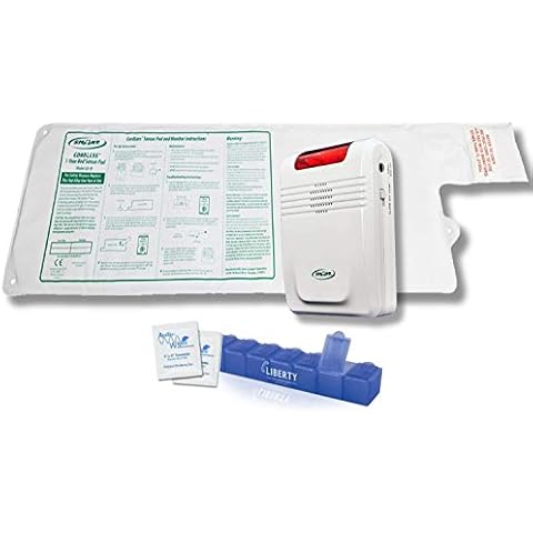 Smart Caregiver Wireless Bed Alarm System - Large Cordless Weight Sensing Bed Alarm Pad (20” x 30”) with Remote Alert Monitor, Free Individual Cleaning Wipes and Liberty 7 Day Pill Box Cover