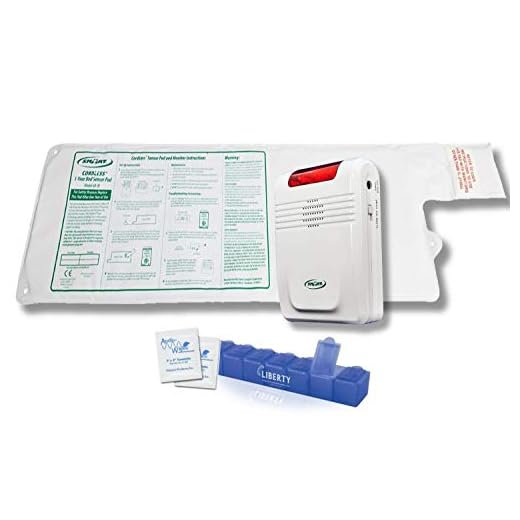 Smart Caregiver Wireless Bed Alarm System - Large Cordless Weight Sensing Bed Alarm Pad (20” x 30”) with Remote Alert Monitor, Free Individual Cleaning Wipes and Liberty 7 Day Pill Box