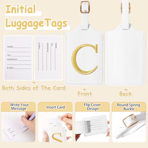 Image of Initial Luggage Tags for Suitcases, Cute Embroidered Letter Luggage Bag Suitcase Identifier Name Baggage Tag, PU Leather Travel Luggage Tags, Bag Tags for Men Women Kids Luggage Handbags(White C)