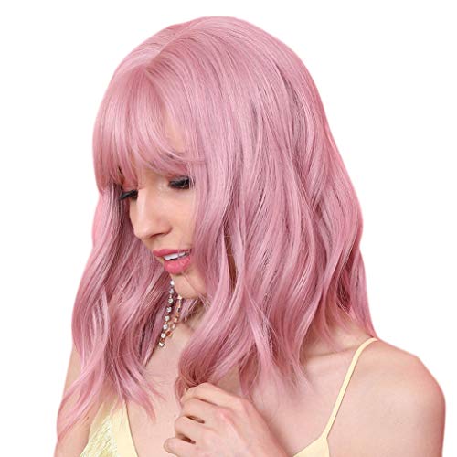 Flameer 12 Polegadas Mulheres Olhando Natural Ondulado Peruca Rosa Anime Cosplay Perucas