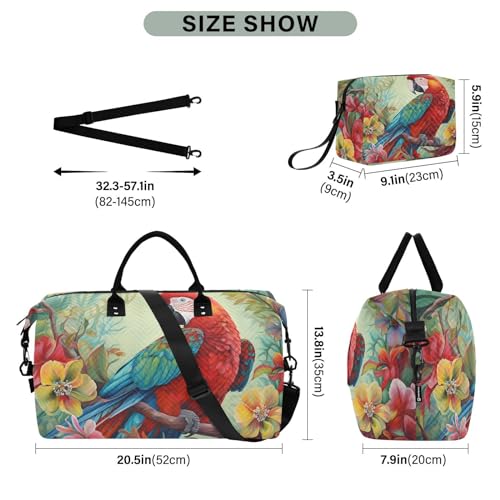Large Travel Duffel Bag, Parrot Floral Sports Tote Gym Bag, Shoulder Weekender Overnight Bag for Women Men, Carry On Luggage with Toiletry Bags3