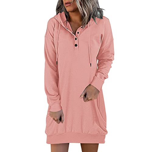 Abito da donna con cappuccio, a maniche lunghe, con bottoni, tinta unita, per il tempo libero, casual, taglie S-XXL, Colore: rosa., L Abito da donna con cappuccio, a maniche lunghe, con bottoni, tinta unita, per il tempo libero, casual, taglie S-XXL, Colore: rosa., L
