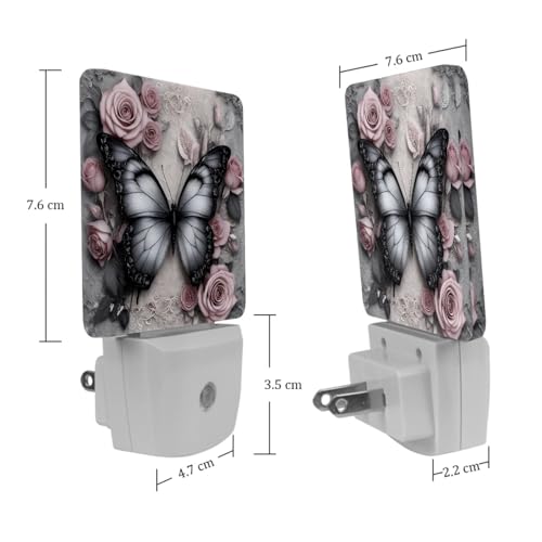 Image of NEWzone Butterfly Rose Night Light [2 Pack], Plug in Wall Led Night Lights Decor for Boys Girls Room, Dusk to Dawn Sensor Wall Lamp for Stairway /Bedroom /Kitchen /Nursery Room