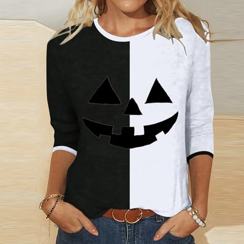 Camisetas femininas gola V gola V manga 3/4 color block fantasma Halloween kawaii, camisetas engraça