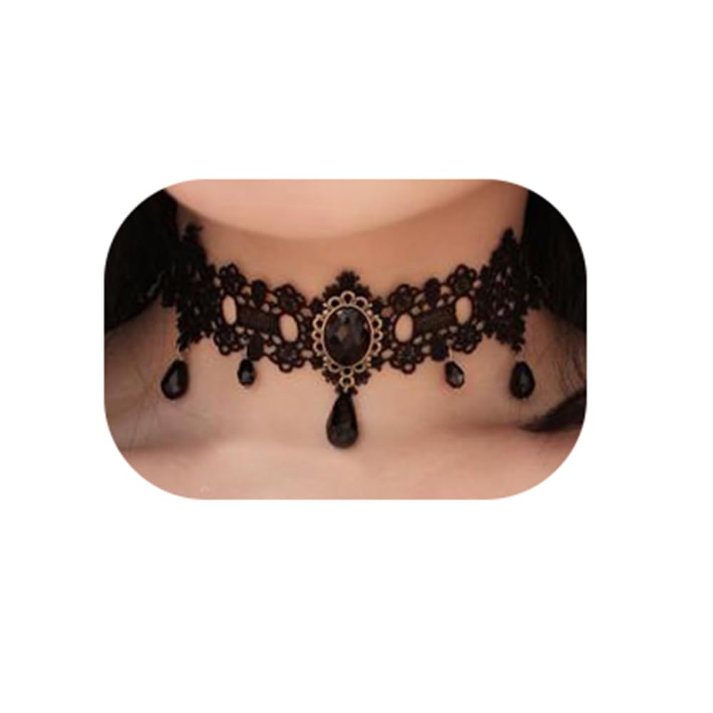 KercisbeautyBlack Lace Choker Gothic Necklace with Crystal for Women Halloween Party Custume Vintage Thick Choker