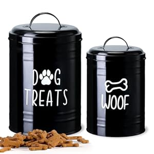 Dog Treat Container Airtight, Dog Treat Jar Set of 2 with Lid – 9×5.5”&7×4” Metal Dog Cookie Jar for Farmhouse Kitchen Counter, Black Treat Jars for Pets, Treat Storage Container for Dogs, Cats