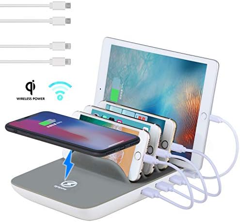 Fast Charging Station, Compatible for Samsung, iPhone, ipad TopTops 5-in-1 Multiple Phone Dock Stand with 4 USB Ports and 1 QI Wireless Charging Pad with 4 Cables(Grey)