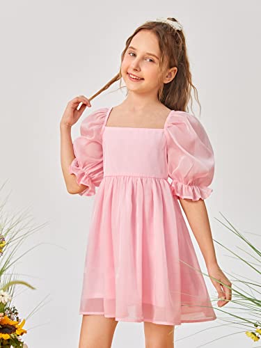 Wdirara Girl's Square Neck Puff Sleeve Zipper Back Mesh Ruffle Hem A Line Dress Pink 10Y #TOP2