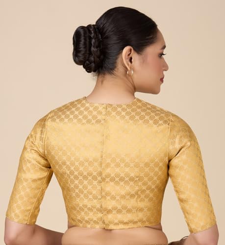 Image of Studio Shringaar Women Brocade Silky Jewel Neck Readymade Elbow Length Sleeve Saree Blouse