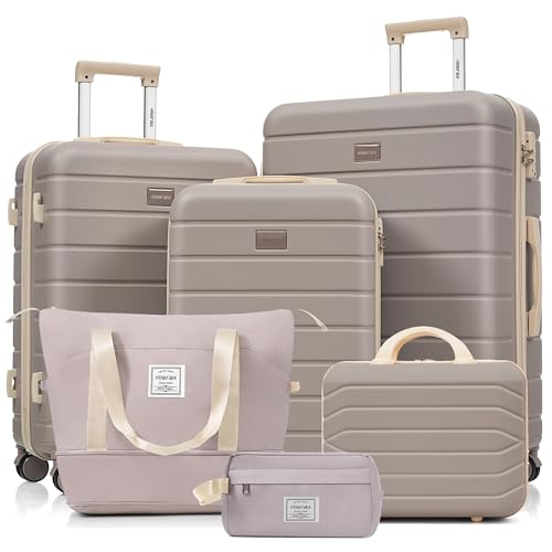 Image of Hardshell Luggage Sets, Lightweight Stripes Suitcases with Spinner Wheels, Rosybrown 6pcs