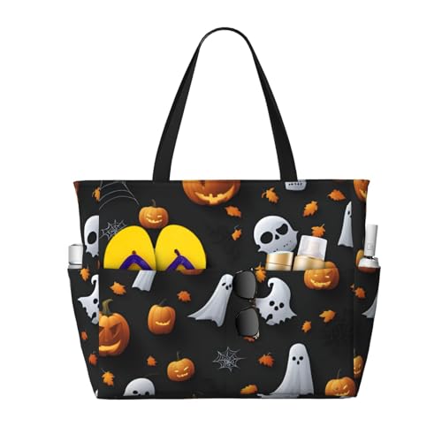 Fashion Cute Halloween Pattern Print Beach Bag Waterproof Beach Totes Bags For Women, Lightweight Foldable Pool Bag With Zipper Wet Compartment