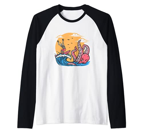 Skeleton Surfer Chased By Octopus Raglan Baseball Tee, Black
