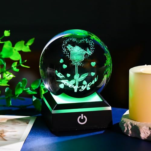 Image of 3D Crystal Ball Glass Rose Flowers Gifts for Wife Mom Home Decor Snow Globe Ornament with LED Base Night Light, Etched Heart & Rose Figurines I Love You Anniversary Romantic Gift for Women