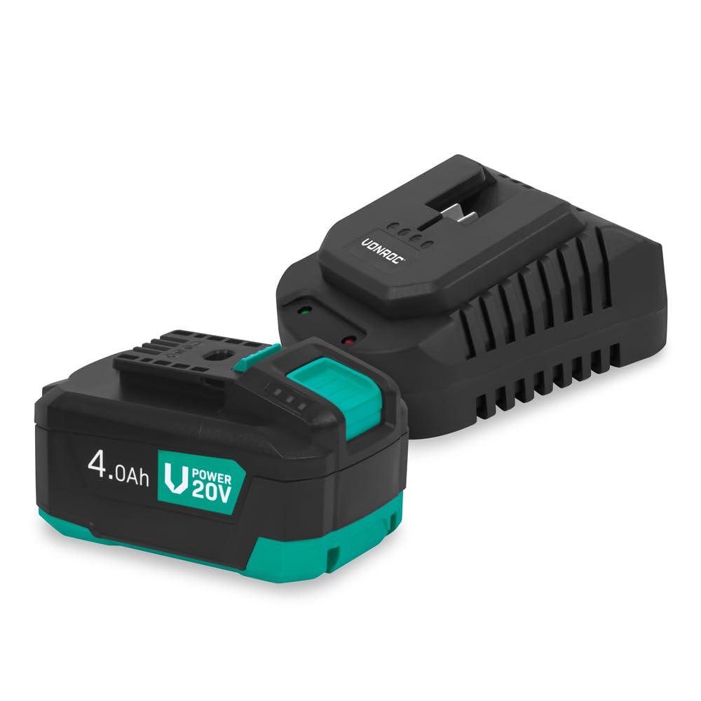 VONROC VPower 20V Kit de arranque - Batería de iones de litio de 4,0 Ah + cargador doble rápido | Compatible con múltiples herramientas | Ideal para bricolaje intensivo y proyectos de larga duración