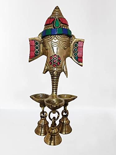 Indian royal art gallery Brass Stone Work Ganesh Deepak With Bell Brass Wall Hanging (11 Cm X 8 Cm X 24 Cm