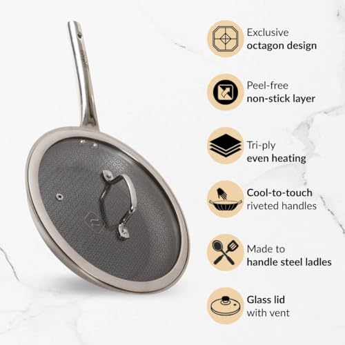 Image of Nestasia Triply Stainless Steel Honeycomb Fry Pan with Glass Lid 26 cm (2L) - Non Stick Frying Pan with Air Vent Lid for Healthy Cooking | Induction & Gas Stove Friendly, Even Heating, Less Oil Use