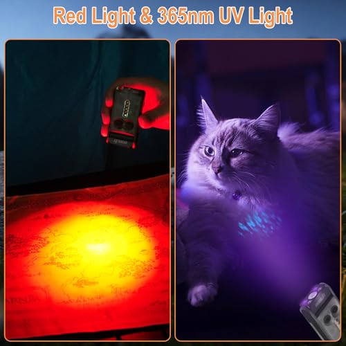 BORUIT V30 LED Small Powerful EDC Flashlight with Red and 365nm UV Light,180°Rotation,USB A/C-C Rechargeable Pocket Flat Keychain Flashlight with Clip,120DB Buzzer,Power Bank Function(Black)