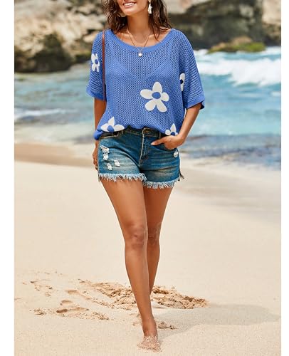Image of SELINK Flower Crochet Tops for Women Short Sleeve Hollow Out Sweaters Swimsuit Cover Ups Lightweight Knit Pullover