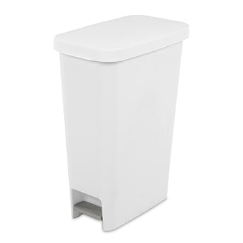 Sterilite 11 Gallon Slim Narrow StepOn Hands Free Portable Kitchen Wastebasket Trash Can Garbage Bin Container with Oversized Lid, White 8 Pack