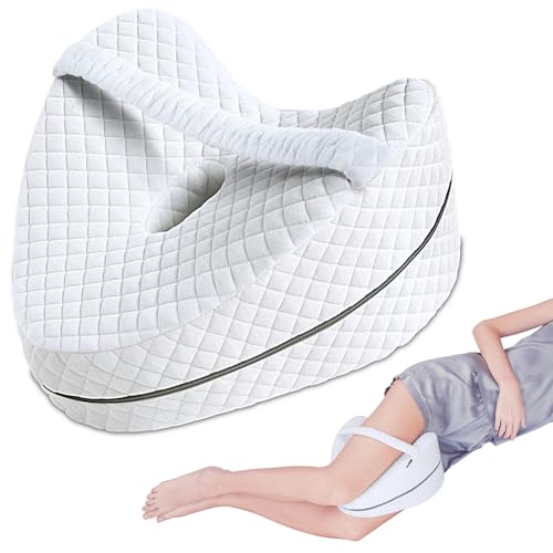 SAHEYER Knee Pillow for Side Sleepers Memory Foam Leg Elevation Pillow with Adjustable Strap for Sleeping Ergonomic Hip Support Pillow Washable Cover for Spine Alignment Sciatica Pain Relief(White)