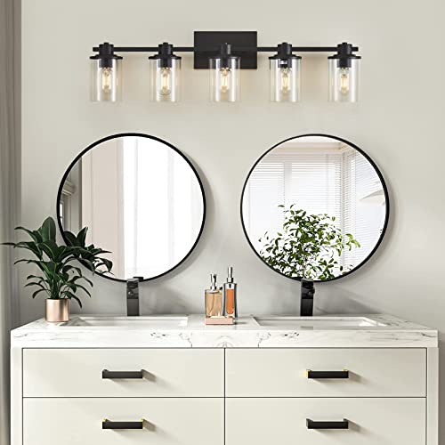 Image of 5-Light Modern Bathroom Vanity Lights,Industrial Matte Black Bathroom Light Fixtures with Clear Glass, Vanity Lights Fixture for Bathroom, Living Room, Mirror,Hallway