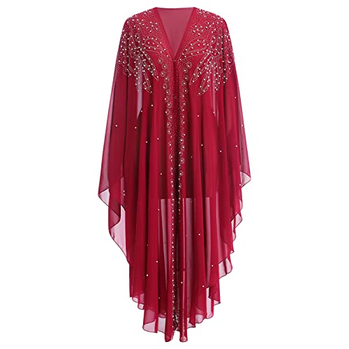 Image of OBEEII Muslim Dress for Women Loose Batwing Sleeved Hooded Beaded Embroidery Long Abaya Dress Kaftan Abayas Islamic Robe