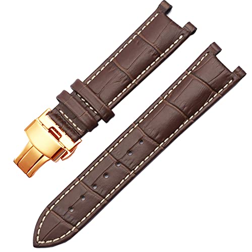 Genuine Leather Watchband for GC 22 * 13mm 20 * 11mm Notched Strap Withstainless Steel Butterfly Buckle Men and Women Watch Belt (Color : Brown White Rose, Size : 22-13mm)