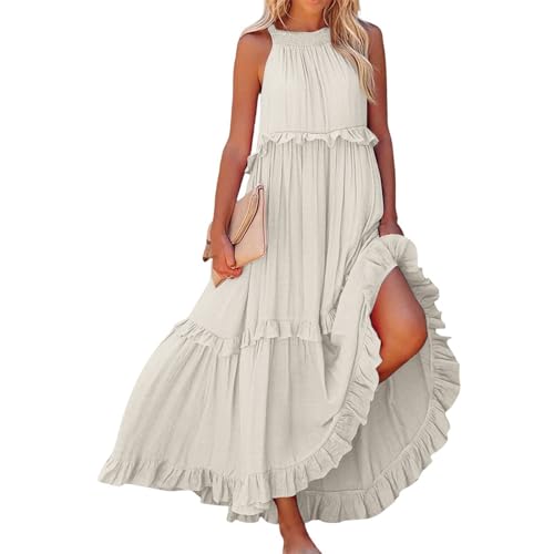 Damen Sommer Boho Neckholder Langes Ärmelloses Maxikleid Elegant EinfarbigSwing Bohemien Kleid für Party Locker Sleeveless Strandkleid Beige M