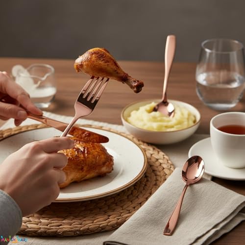 Image of Mirror Polished Rose Gold 12 Pcs Stainless Steel Cutlery Set for Dining Table, Dishwasher Safe Glossy Flatware (3 Spoon Set + 3 Forks Set + 3 Butter Knife + 3 Dessert Spoon)