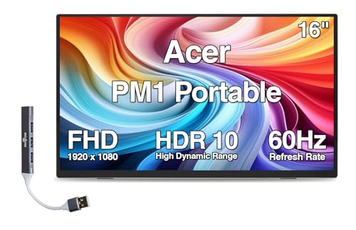 Image of Acer PM1 16 inch Portable IPS Monitor with 6ms Response Time, Anti-Glare, 220 nits Brightness, HDR10, Built-in Speakers, Mini HDMI & Dockztorm USB Port Expander, Black /Silver Color (UM.ZP1AA.J05)