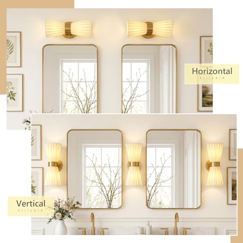 Image of Gold Wall Sconces Set of 2, Ivory Pleated Fabric Shade | Hardwired, Wall Light Fixtures, Up Down Wall Mount for Living Room Bedside